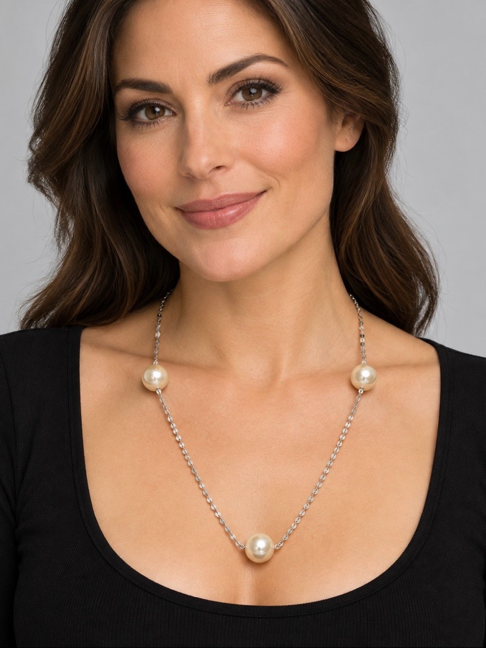 Elegant Faux Pearl Station Silver Necklace - Women Jewelry